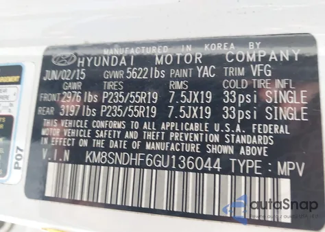 2016 Hyundai Santa Fe Limited z USA, uszkodzony, nr VIN KM8SNDHF6GU136044